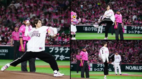 ソフトバンクホークスの始球式で投球する中沢元紀の画像