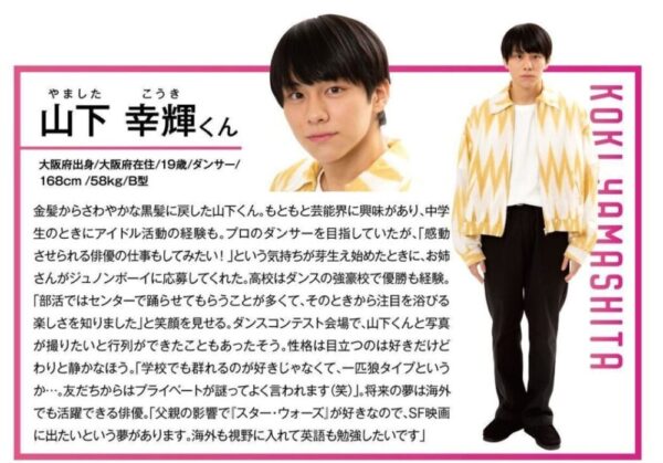 2020年ジュノンスーパーボーイコンテストファイナル出演時の山下幸輝のプロフィールページの画像