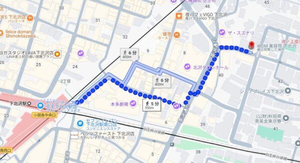 下北沢駅から美容院womまでの地図の画像