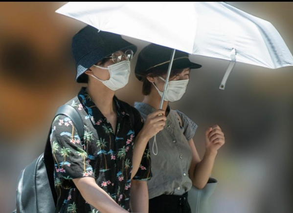 二人で日傘に入って話す河野ゆかりさんと本髙克樹さんの画像